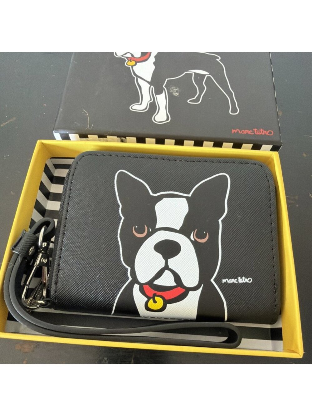 Marc Tetro Boston Terrier Dog Zip Around Black Wristlet Wallet Small